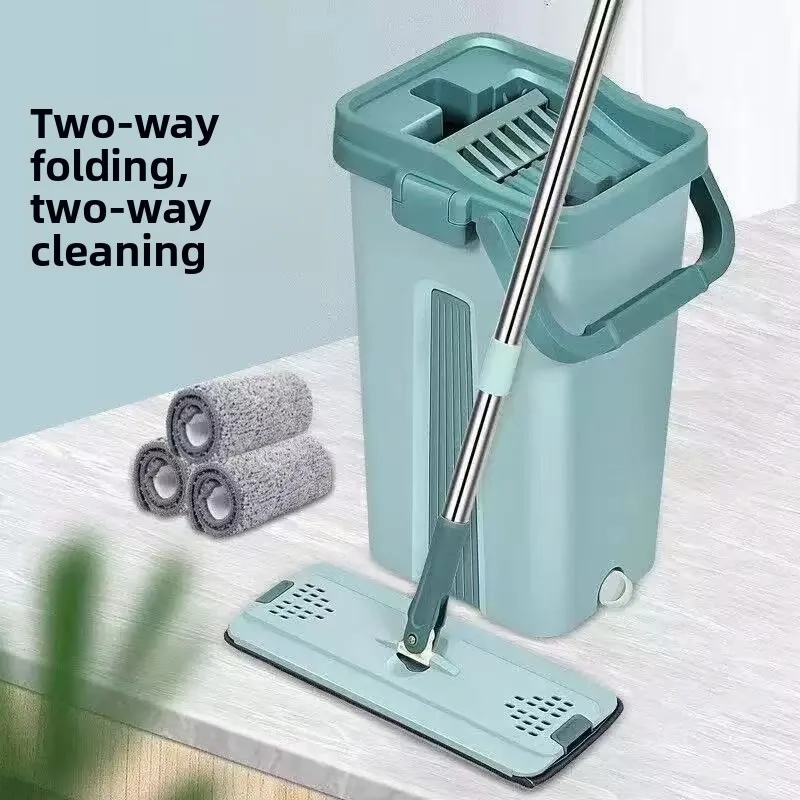 Mopa Plana con Cubeta y Sistema de Escurrido Fácil, Almohadilla de Microfibra para Limpieza en Seco y Húmedo de Pisos Laminados y de Madera, Herramienta de Limpieza Doméstica Manos Libres