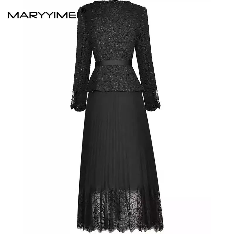 MARYYIMEI Fashion design Women\'s Dress Long-Sleeved Single Breasted Lace Splicing Autumn and Winter Dresses With Belt