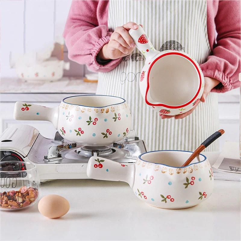 800/1000ml Strawberry Cherry Ceramic Milk Pan Kitchen Soup Pot Cookware For Oatmeal Butter Cooking Pan With Wooden Gas Open Fire