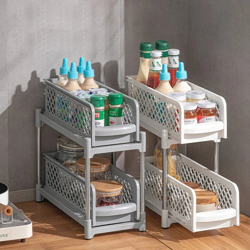 2 Layers Sliding Under Sink Organizer Kitchen Drawer Bathroom Storage Racks Multi-Use Handles Under Sink Cabinet Organizers