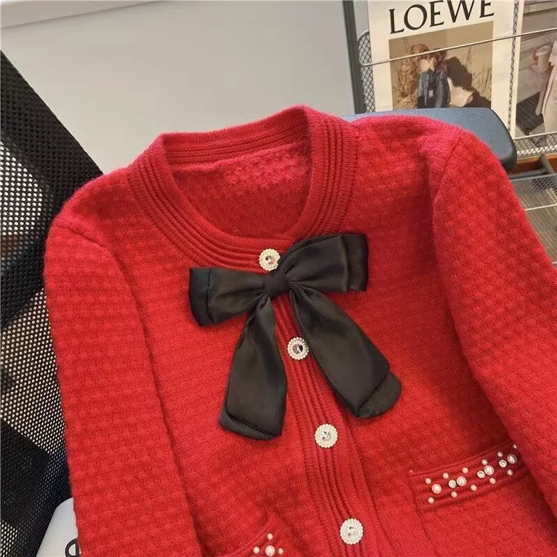 Cardigans Women Women Clothing Outerwears Cardigan Sweater Coat Women's Autumn and Winter new red bow Beaded Knit Coat Jacket