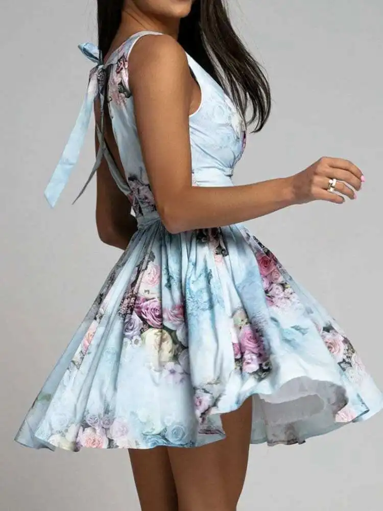 Femme geplooide hoge taille vetersluiting zomer streetwear backless slanke print v-hals off-shoulder dames mini-jurk