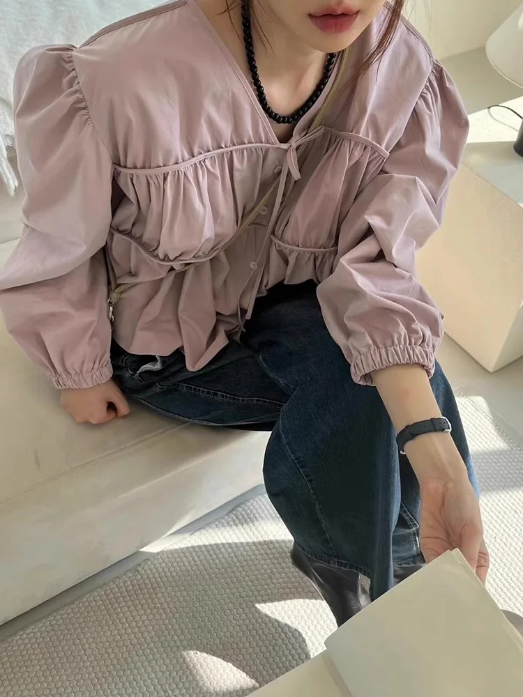 

Ele V-ne Bubble Sve irt Женский модный лоскутный дизайн с поясом Осенний новый шикарный наряд Корейский длинный рукав...