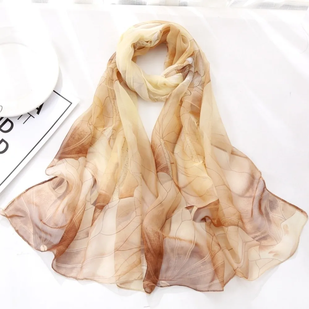 

New Lightweight Floral Printing Scarf Soft Lotus Print Beach Silk Shawl Breathable Versatile Long Chiffon Scarf Daily Wear