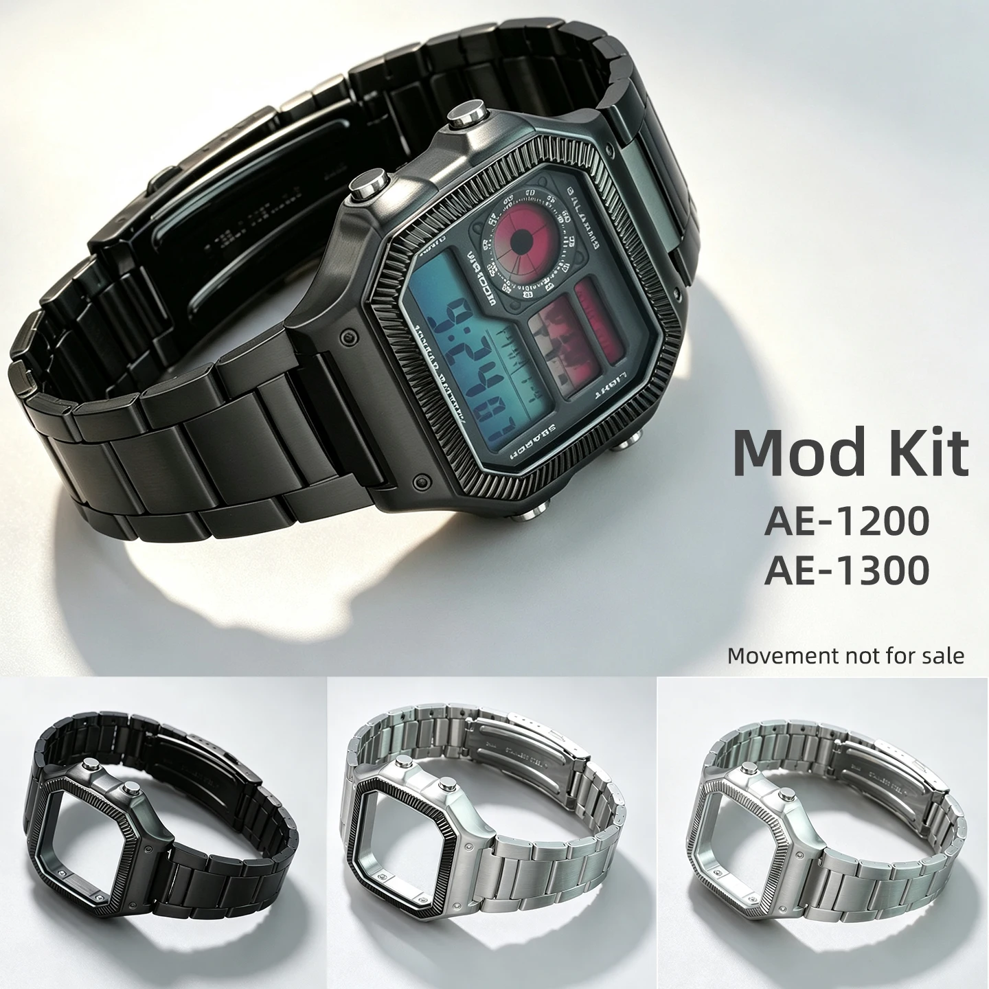 Black Silver Stainless Steel Mod Kit Watch Case & Strap For AE‑1200 AE‑1300 Module 3229, DIY Upgrade Watch Accessories