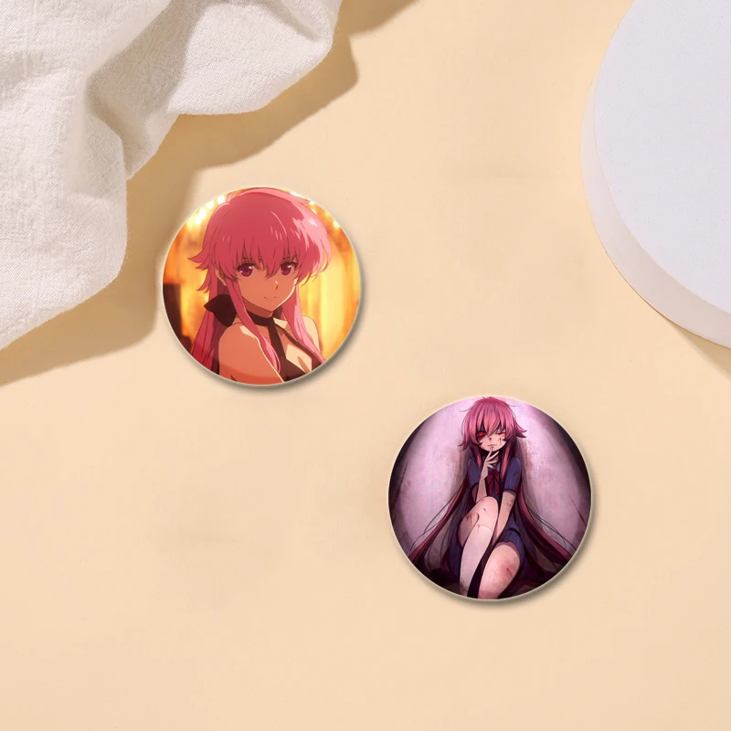 Anime Cartoon Character Gasai Yuno Lapel Pins Creative Round Snap-in Button Brooches Badge for Backpack Accessories Jewelry Gift