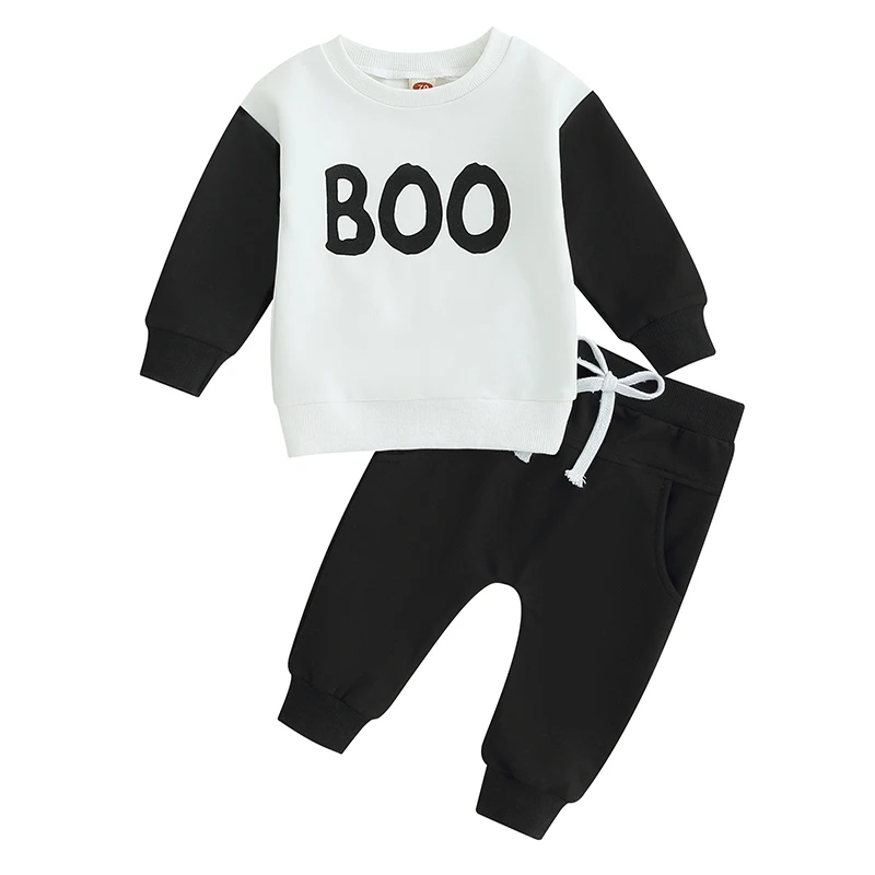 

Fashion Toddler Baby Boy Clothes Set Contrast Color Letter Print Long Sleeve Crewneck Tops Solid Color Pants 2Pcs Infant Outfit
