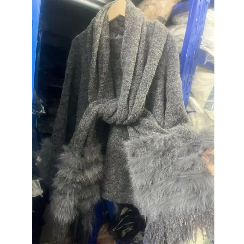 Suéter solto de malha de pele v-ne longo sve retalhos top quente para outono inverno com cachecol casaco de malha de pele sintética