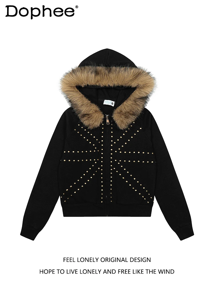 

American Retro Fashion Trend Rivet Fur Collar Hooded Sweatshirt Loose Casual Zipper Jacket for Women