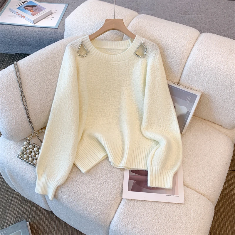 

French High-end Advanced Diamond-encrusted Sweater for Women Autumn and Winter 2024 New Designed Off-shoulder Slim Sweater Top
