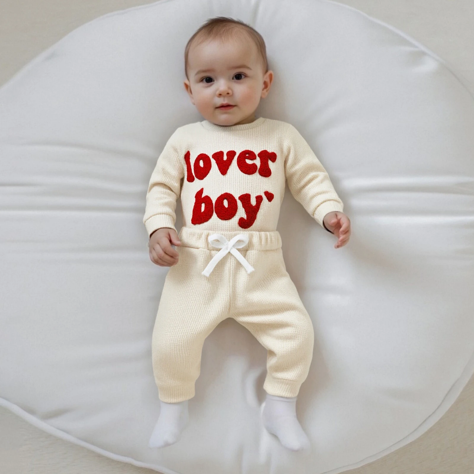ملابس ربيعية للأطفال الأولاد مطرزة بأحرف وأكمام طويلة رومبير بلون سادة وسراويل طويلة مكونة من قطعتين