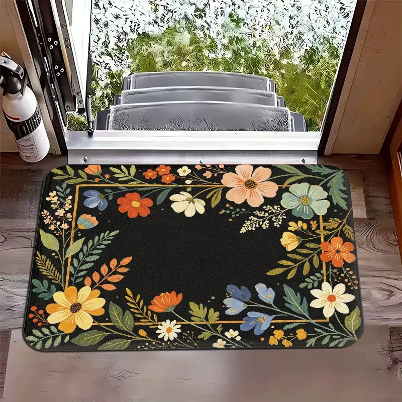 VIKAMA Vintage Floral Frame Door Mat Non Slip Entrance Mat for Front Door Entryway Foyer Hallway Indoor Home Decor
