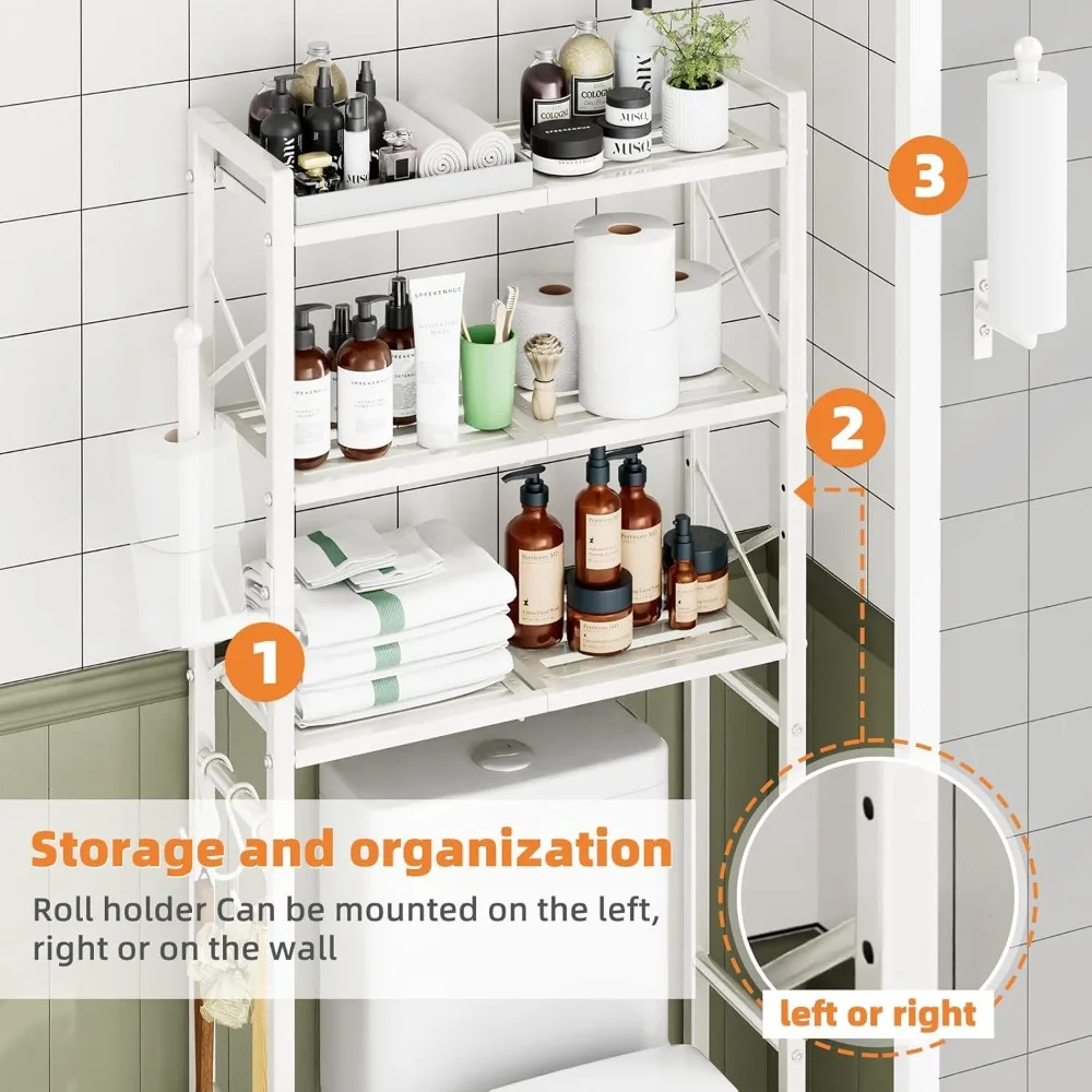 Over The Toilet Storage Rack with Toilet Paper Holder, Heavy Duty Metal 3 Tier Bathroom Organizer Shelf 3 Hooks