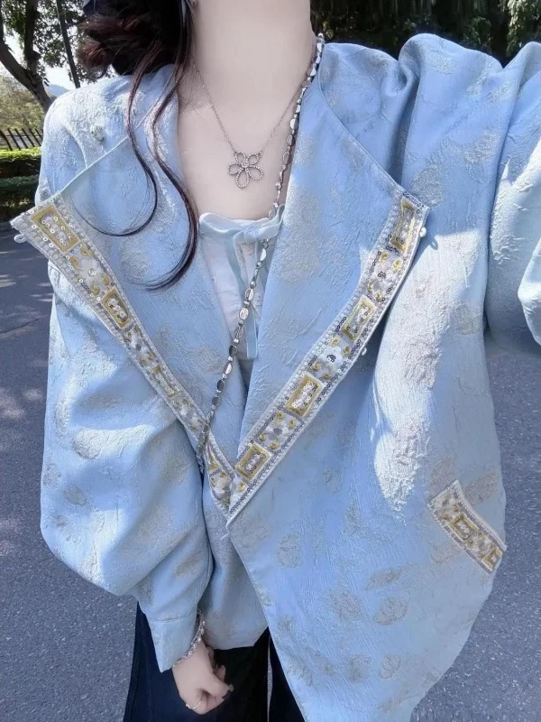 

Elegant Loose Blue Floral Embroidery Women's Jacket Slimming Design Spring 2026 New Style Chinese Style Polyester Fiber
