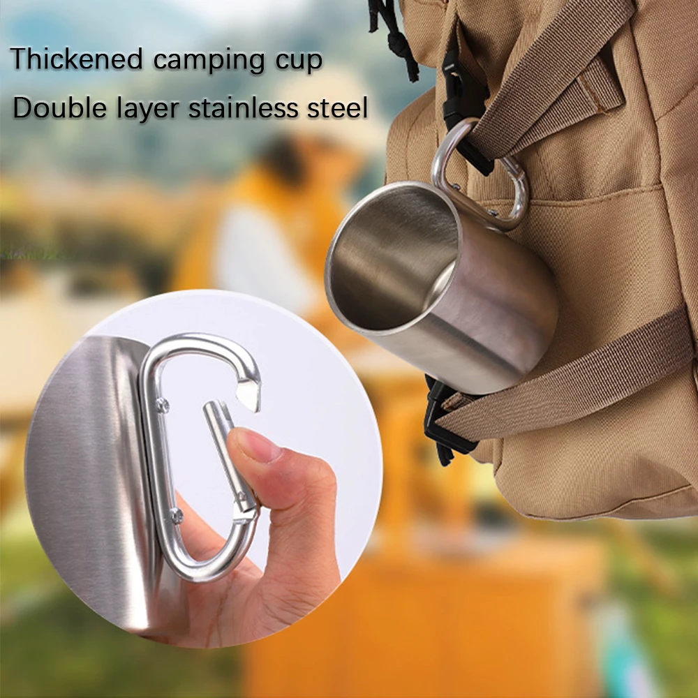 Camping Travel Stainless Steel Cup,Carabiner Hook Handle Picnic Water Mug,Utensils Outdoor Hike,Portable Tourist Tableware