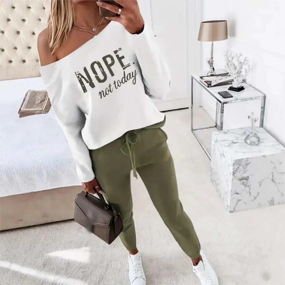 

Fashion Letter Printed T Shirt Pants 2piece Women Sexy Diagonal Shoulder Long Sleeve Leisure Sports Small Feet Pants Female Suit