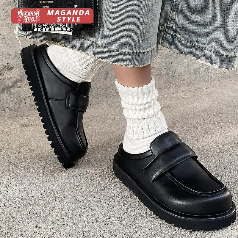 Retro black Boken shoes for men's outdoor wear 2025 new thick soled leather slippers casual Muller shoes