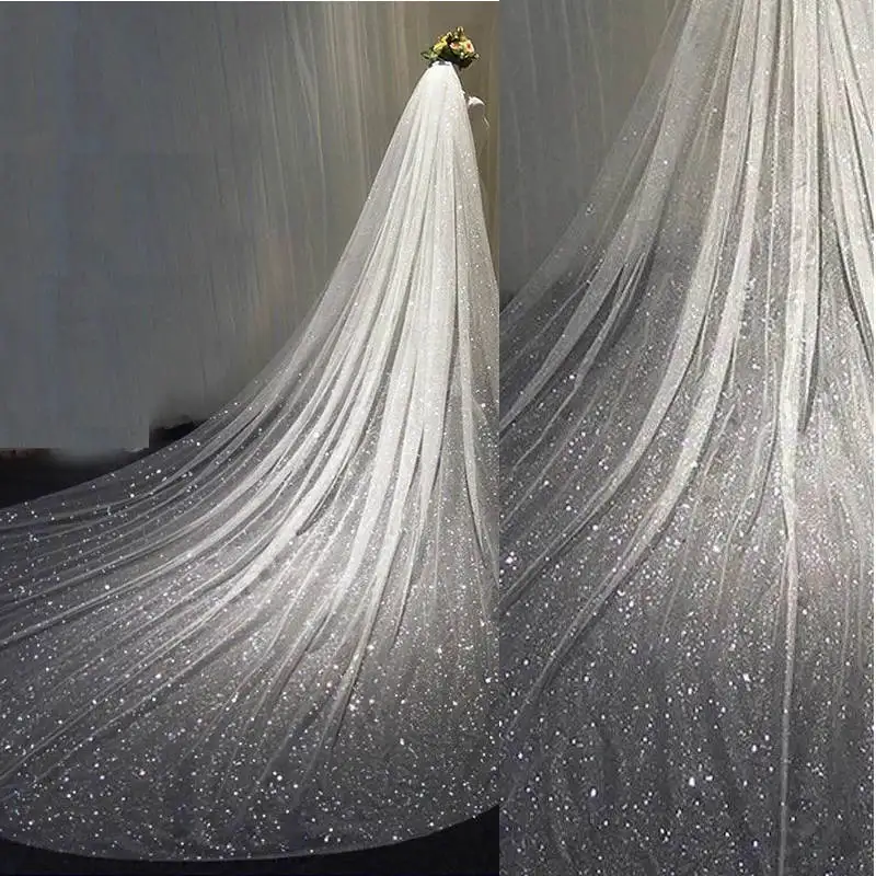 Sparkly Sequins Wedding Veil One Layer Long Cathedral Length  Veils Cut Edge  Velo De Cabeza Custom Made