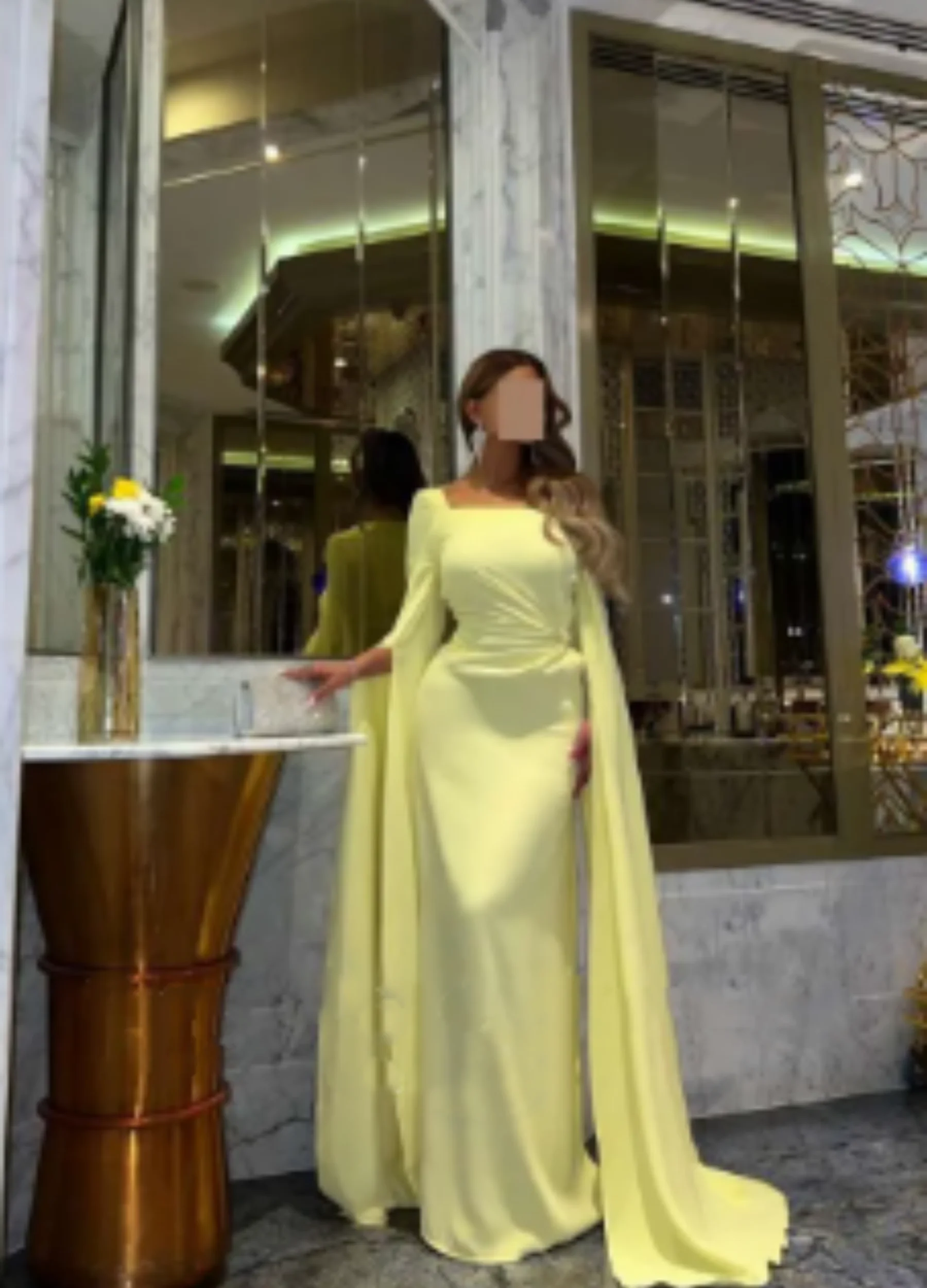 

Mermaid Long Sleeves Prom Gowns Formal Party Occasion Dress 2024 Simple Yellow Chiffon Evening Dresses Saudi Arabic