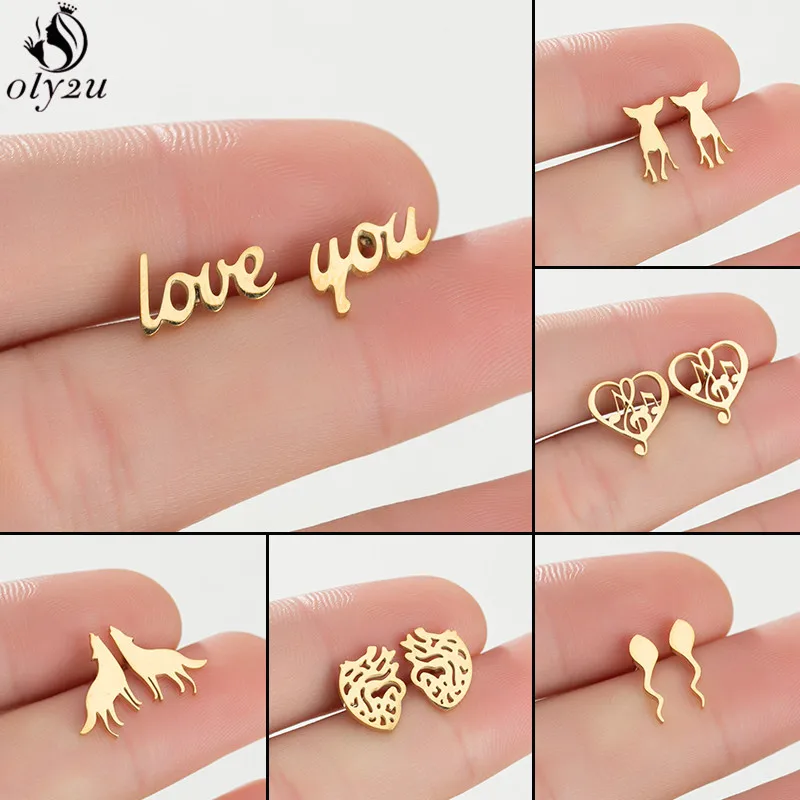 Golden Minimalist Stainless Steel Earrings for Women Fashion Dog Music Sperm Shape Ear Studs Funny LOVE YOU Letter Earings 2022