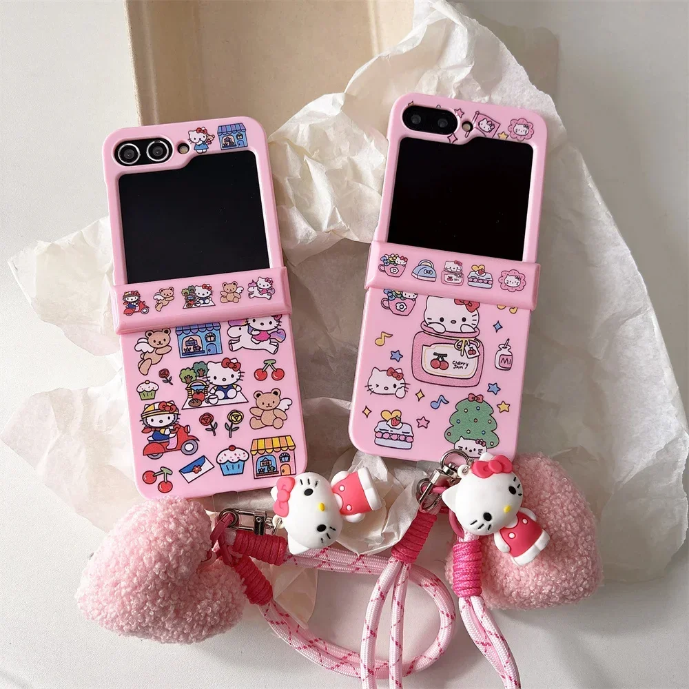 

New Cute Sanrios Hello Kitty with Lanyard Phone Case for Samsung Galaxy Z Flip 3 4 5 6 5G PC Hard Anti-drop Candy Shells Funda