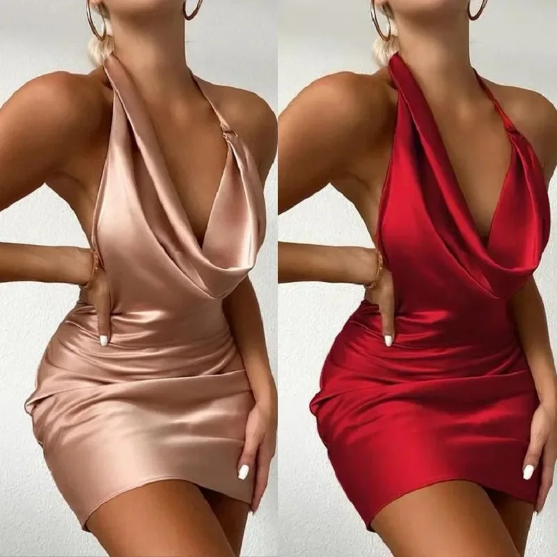 Women\'s Sleeveless Tight Short Dress 2024 Summer New Backless Mini Dress Sexy Halter Pleated Nightclub Dress