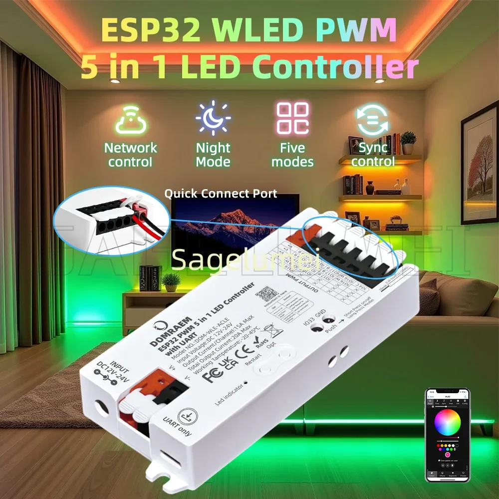 DOMRAEM ESP32 WLED Controller with UART 5-in-1 for RGB RGBW RGBCCT LED Strip Works with Alexa Google Home Assistant PWM Dimming