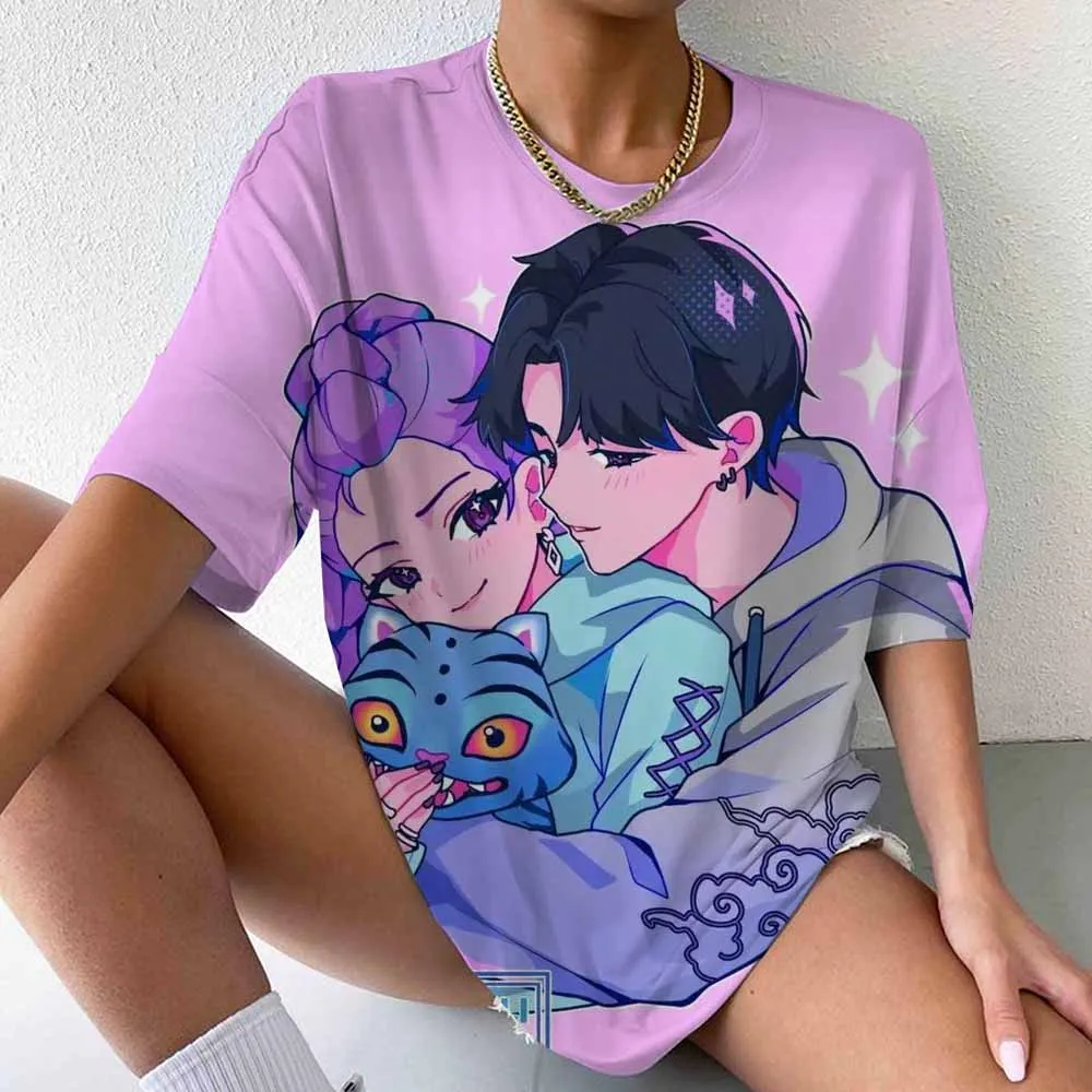 Anime k-pop chasseurs de démons T-Shirts hauts Tie-dye hommes femmes vêtements col rond à manches courtes T-shirt Style de rue T-shirts