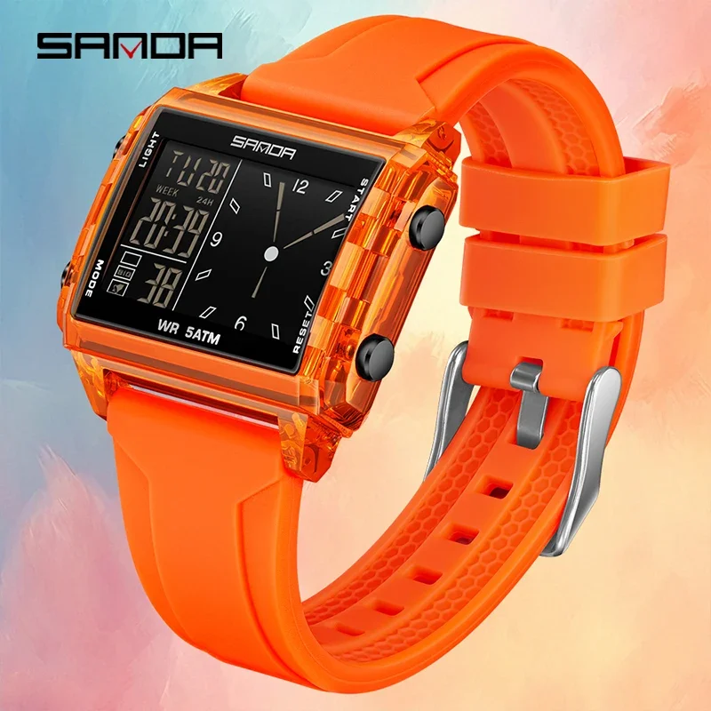 SANDA Fashion Electronic Watches for Man LED Luminous Calendar Waterproof Clock Outdoor Sports Casual Student Digital Wristwatch