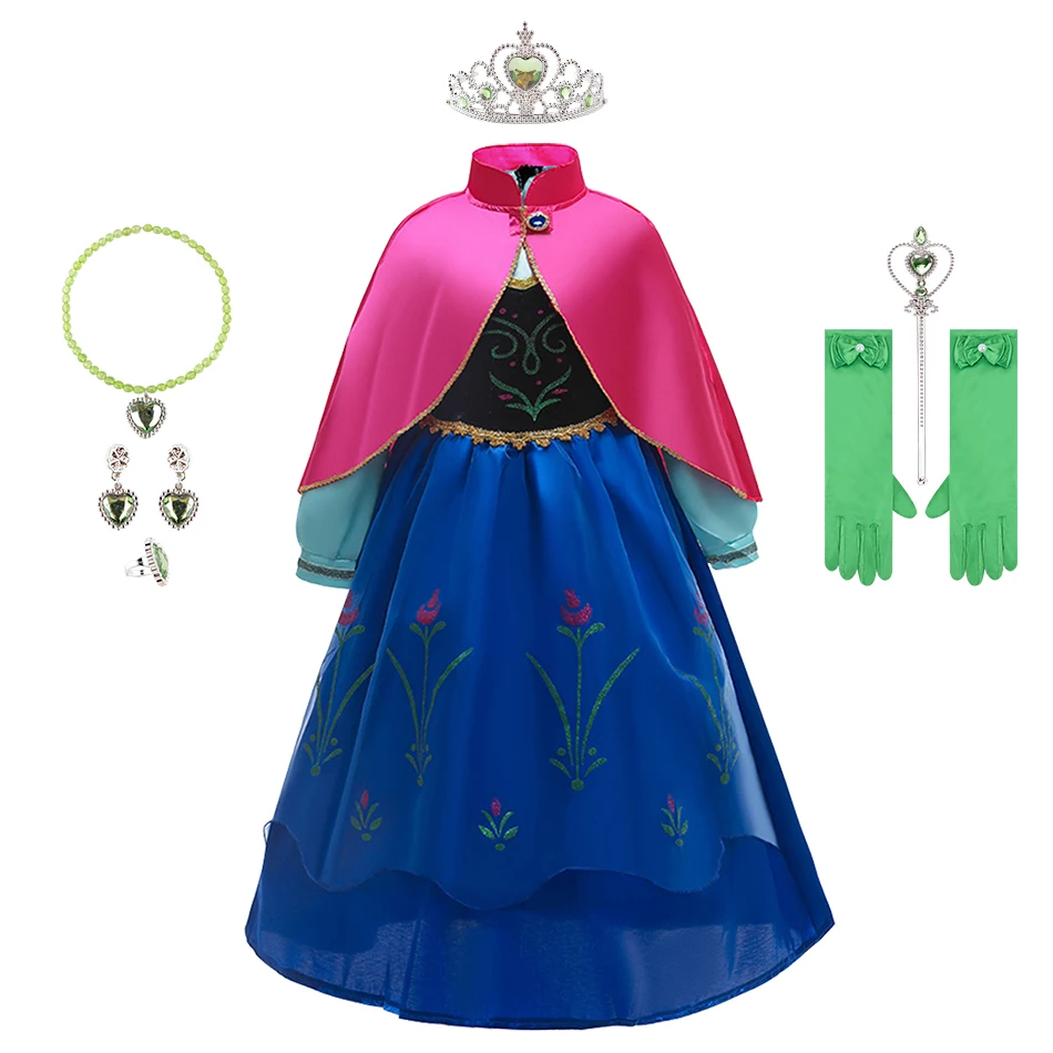 Children Princess Cosplay Dress Anna Halloween Parties Ball Gown Little Girls Multiple Color with Accessories Carnival Clothing