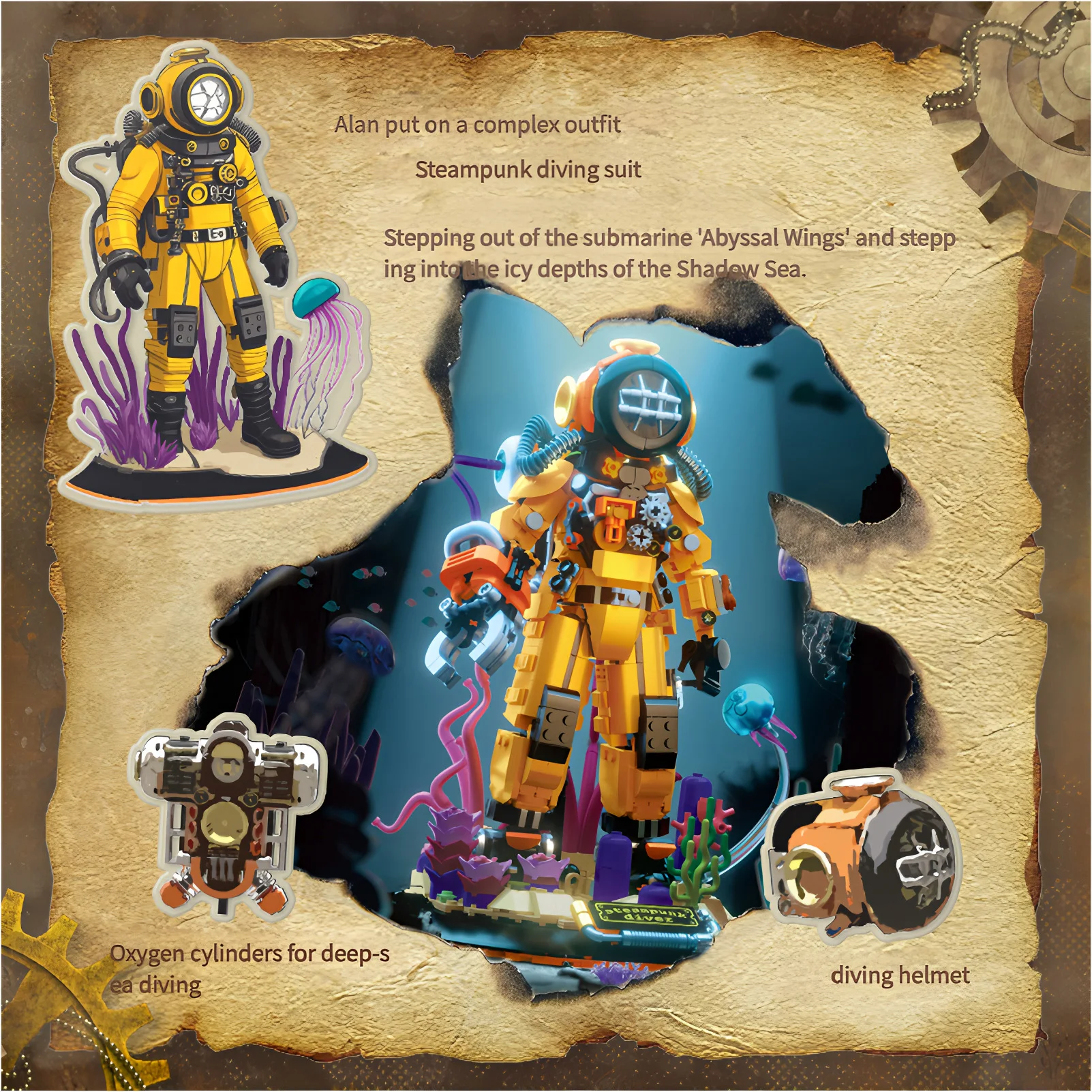 MOC Steampunk Diver Building Blocks Model Deep Sea Explorer with Lighting Underwater Scene Creative Toys Gifts for Kids Aldult