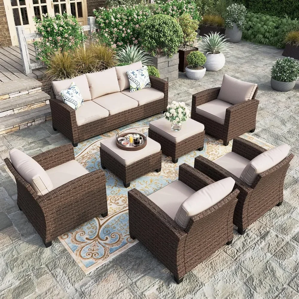 

XMSJ Outdoor Sofa Sets, 4 X Single Chair, 2 X Ottoman and 3-Seat Sofa with Cushions, 7 Piece All Weather Wicker Sofas Sets