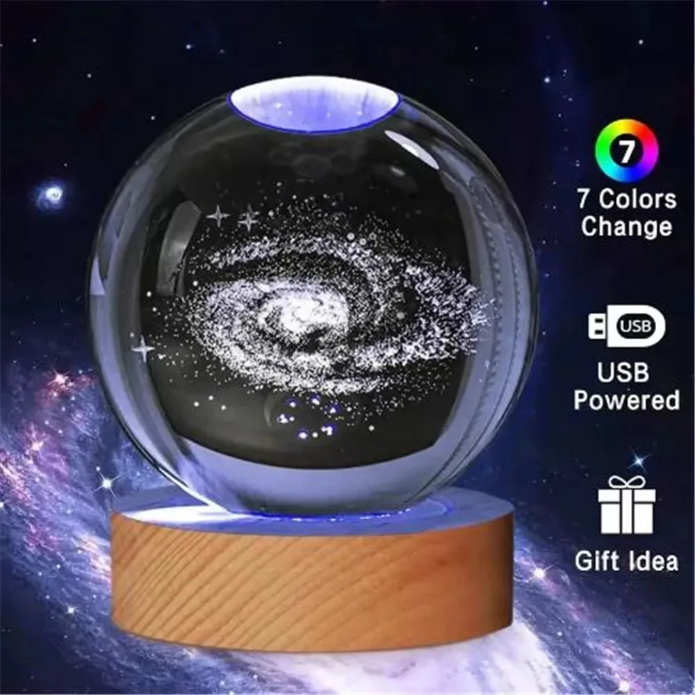 銀河と惑星の投影が楽しめるユニークな3Dクリスタルボールランプ、USB 7色ナイトライトで心地よい雰囲気を演出するプラズマボール