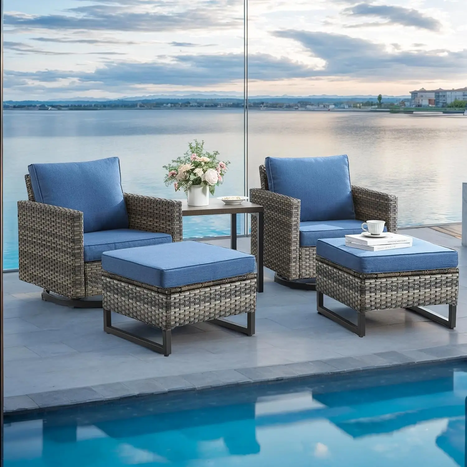 

5pc Wicker Outdoor Furniture Set Swivel Rocker Chairs Ottoman Loveseat Patio Garden Weather Resistant Cushions, Customized