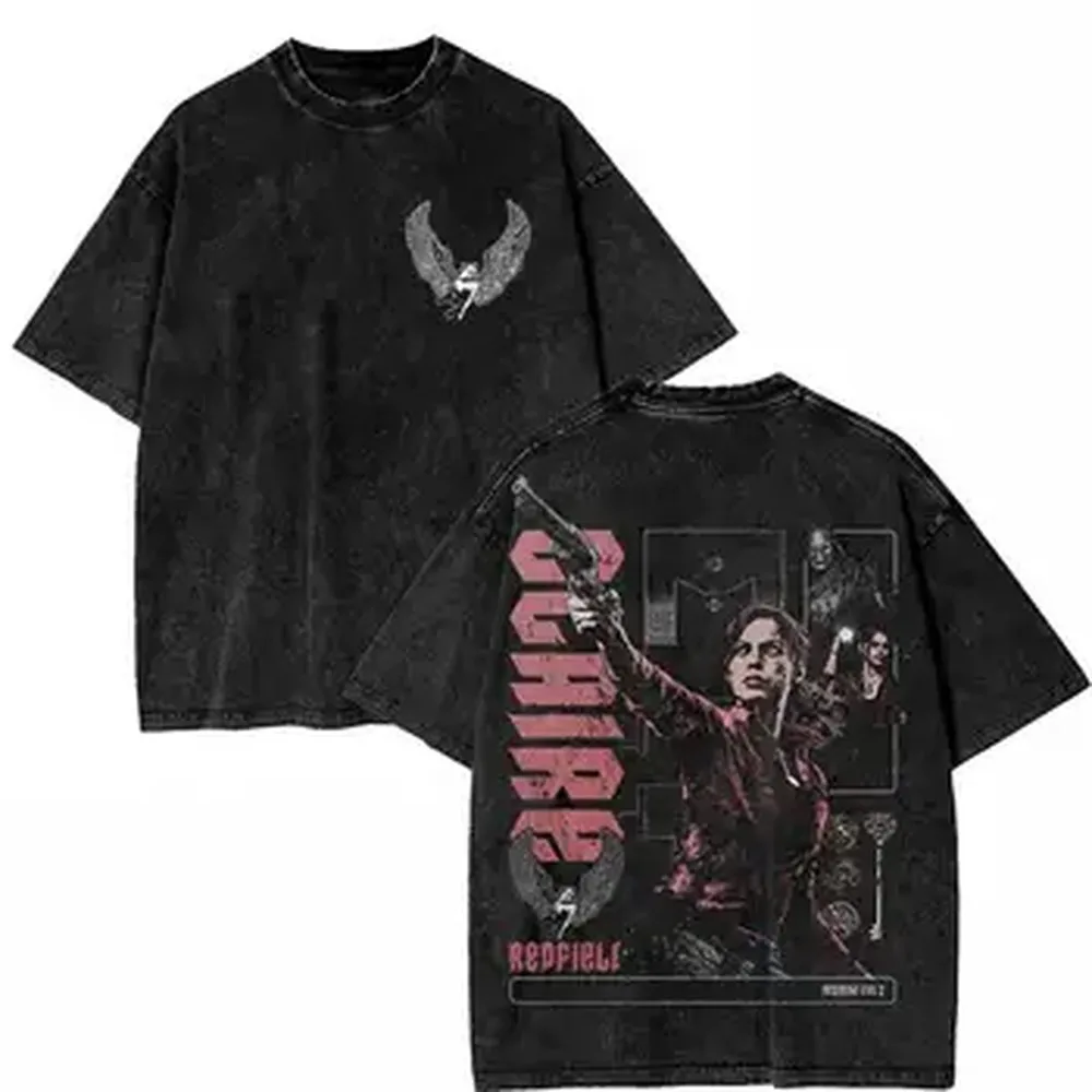 Resident Evil 2 Claire Redfield Biohazard Oversized T shirt 100% Cotton Vintage Washed T-shirt for men women J168