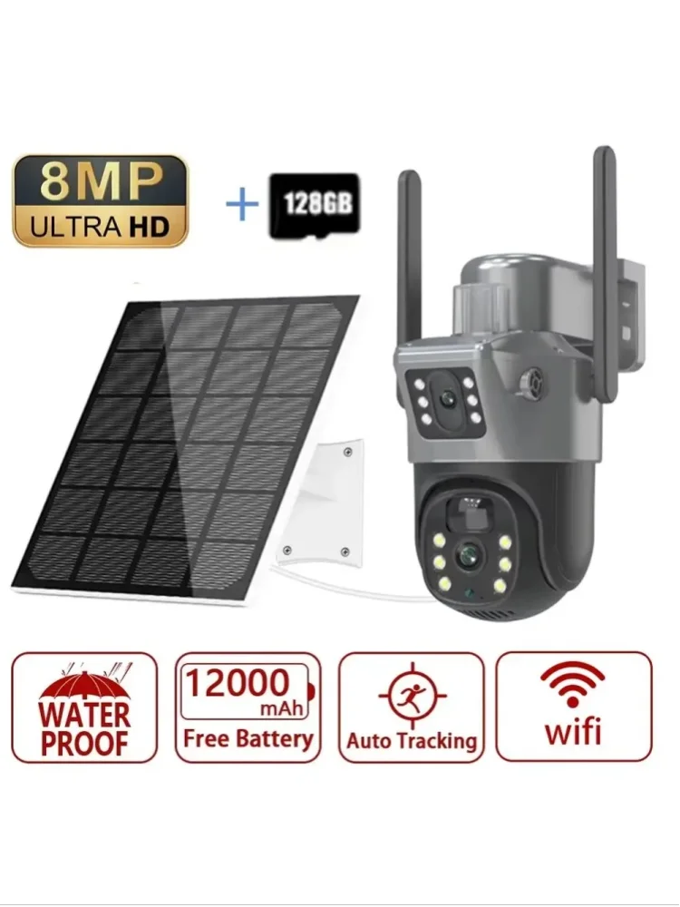 Solar-Kamera 4K 8MP WIFI Dual-Objektiv PTZ Dual-Bildschirm PIR Menschliche Verfolgung Außen-Sicherheits-CCTV-Überwachungs-IP-Kamera