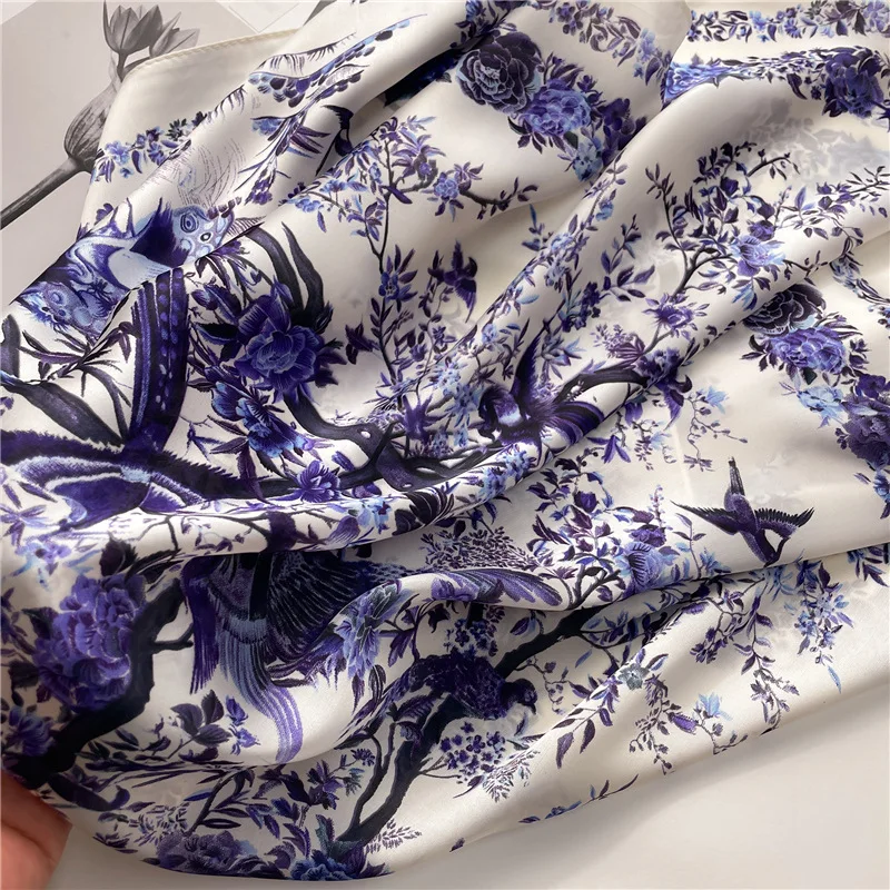 Luxury Plant Floral Print Square Scarf for Women Satin Fashion Wraps Neckerchief Female Hair Bands Headband Bandana