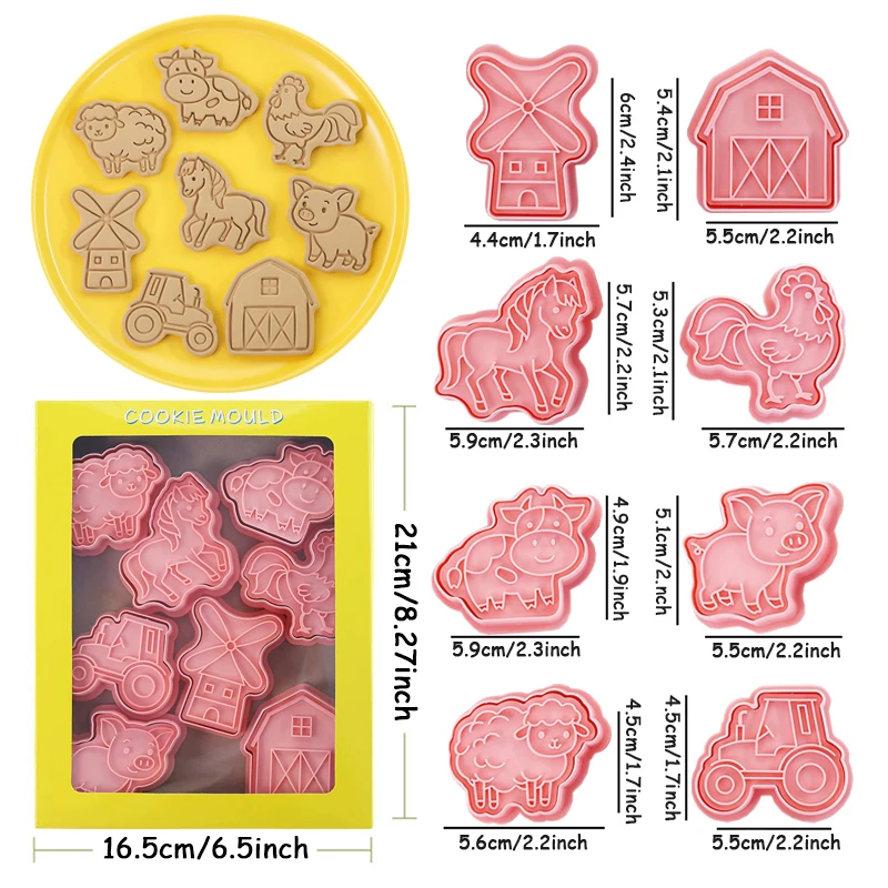 8Pcs Pink Farm Animal Biscuit Mold Windmill Cow Pig Hhorse Chicken And Sheep Cookie Cutting Mold Suitable For Birthday Parties