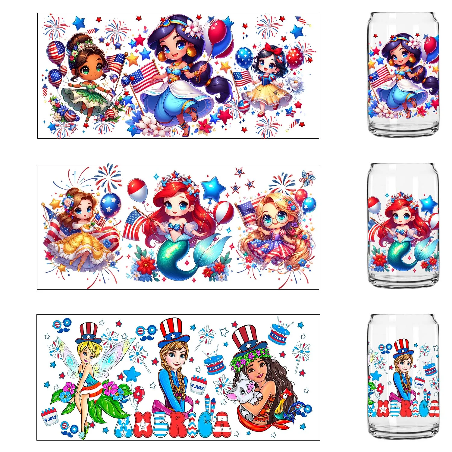 

1/5pcs 26 Style US National Day Cartoon UV Sticker Decals 3D transfers uvdtf stickers 16oz uv dtf cup wraps for Libbey Glasses