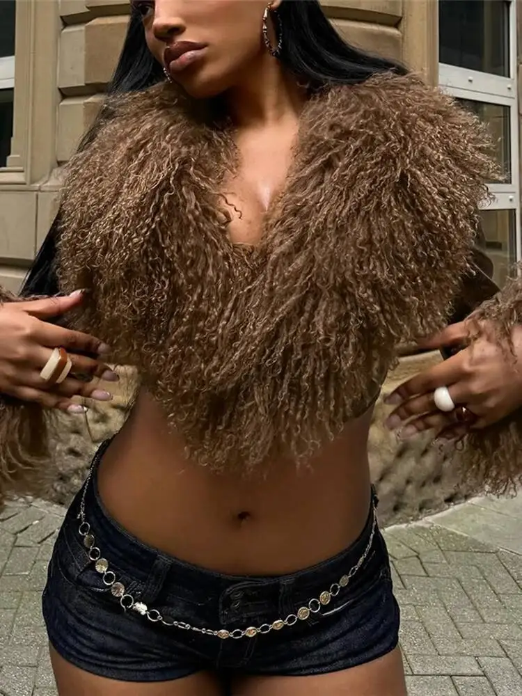 

Furry Tassel Decoration Coats Woman Autumn Trend Low-Neck Full Sleeve Navel Exposed High Street Wild Style Classic Tops