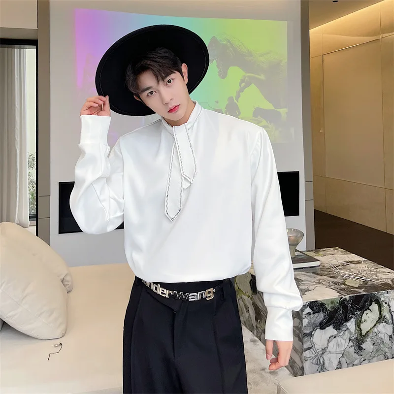 

Plus Size Men's Loose Casual Pullover Long Sleeve Shirt Spring Fashion Trend Personality Tie Design Versatile Shirt