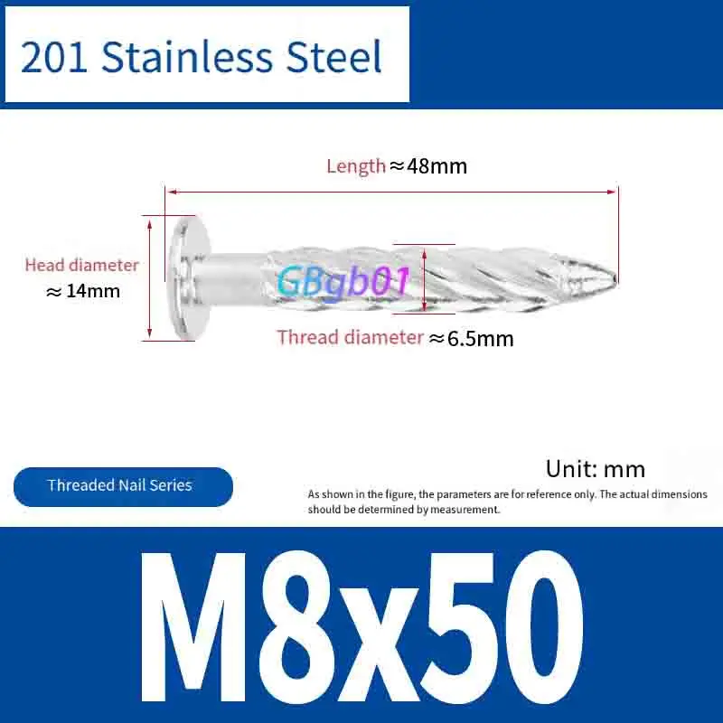 304 Stainless Steel Threaded Nails,Anti-Theft Mesh Fixing Nails,Twisted Concrete Nails,Explosion-Proof Round Head Nails M8