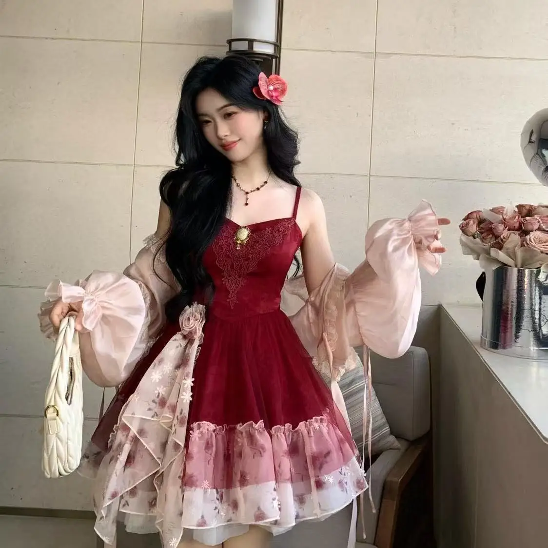 

Vestidos De Fiesta Elegantes 2025 Temperament Chiffon Women Chiffon Skirt Temperament Jacquard Waist Drawstring Pommel Dress