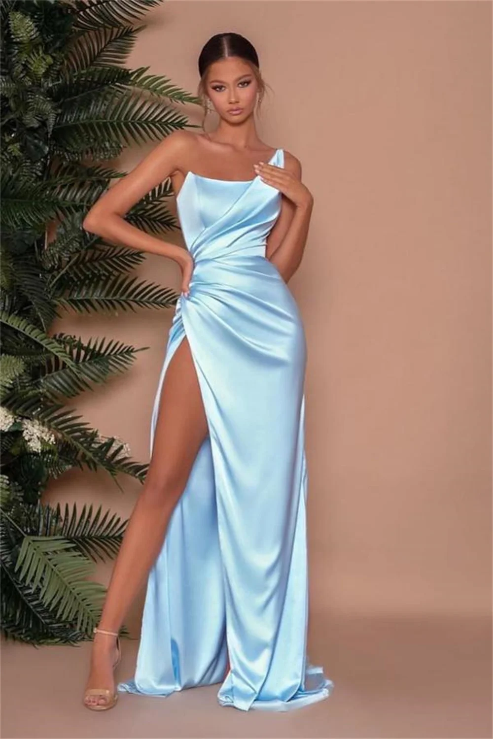 Elegant Light Blue Long Evening Dresses For Women 2023 One Shoulder Pleated High Slit Satin Formal Occasion Prom Party Gowns