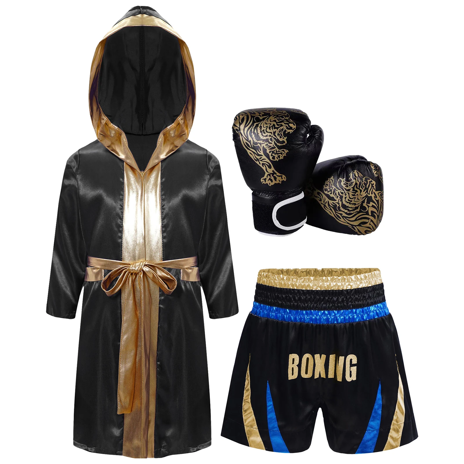 Boys 3 Piece Boxing Outfits Halloween Cosplay Costume Satin Robe with MMA Shorts Training Gloves Set