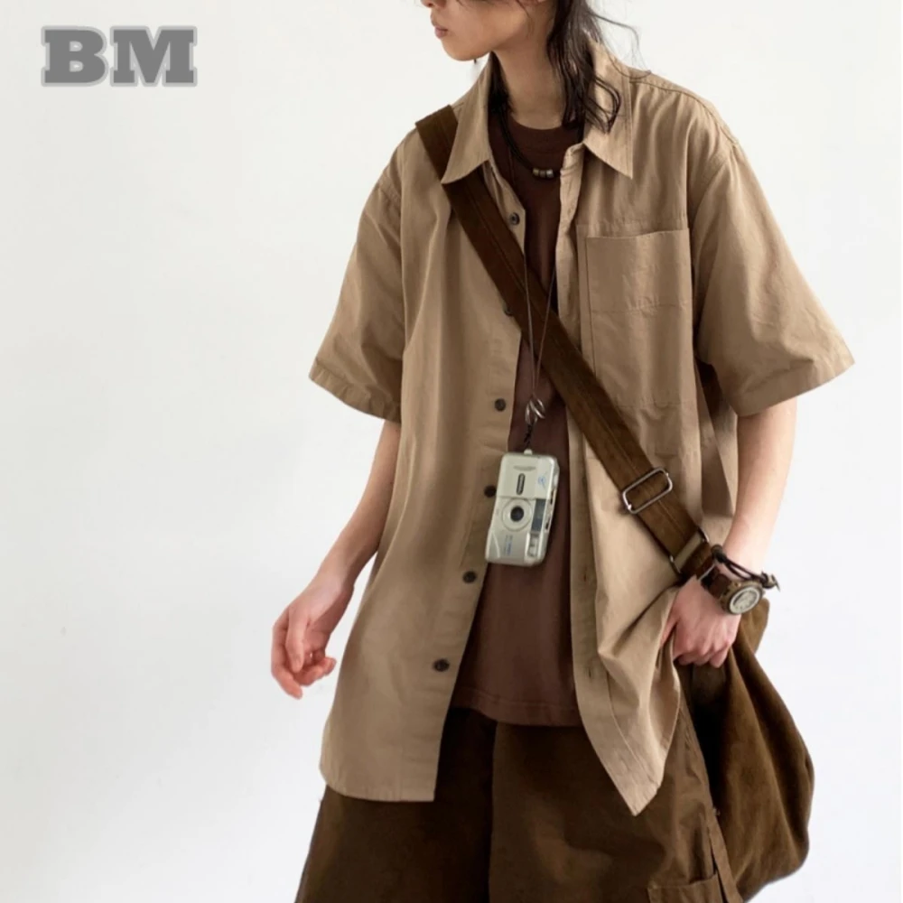 

Summer Japanese Vintage Khaki Cargo Shirt Men Women Korean Popular Clothes Hip Hop Short Sleeve Streetwear Loose Tops Unisex