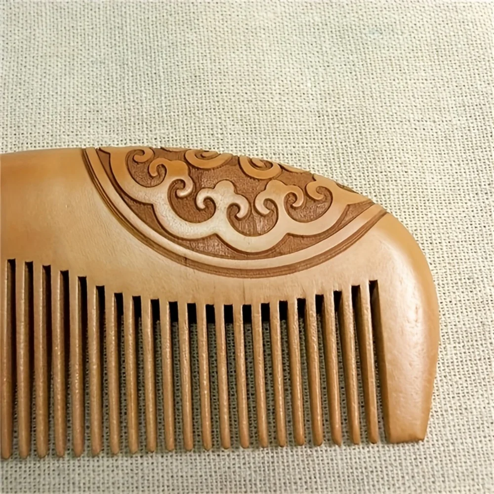 1 Natural Peach Wood Comb, Double-Sided Carved Hair Comb for Home Use, Straightening and Smoothing Hair Comb - view 4