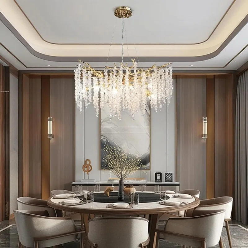 

Modern Crystal Chandelier Gold Tree Branch Pendant Light for Dining Room Study Round Luxury High Ceiling Chandeliers Over Table
