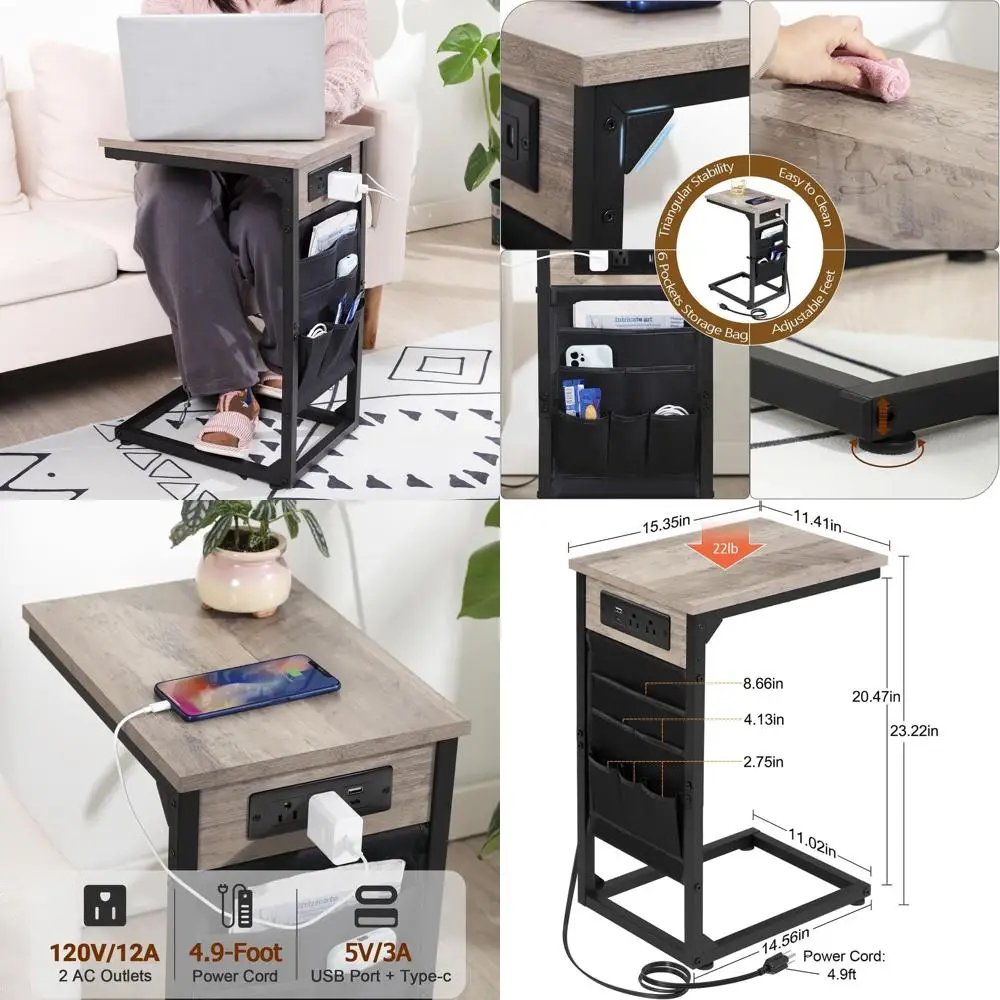 

C Shaped End Table with Charging Station, TV Tray Set of 2, Couch Tables with Storage Bag, Slide Under Sofa Side Table with USB