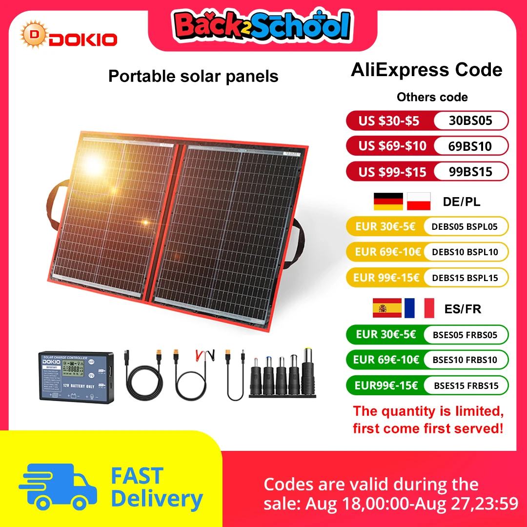 Pannello solare pieghevole portatile Dokio 18V 100/160/200/300 W con controller 12V per caricare la batteria adatta per il campo